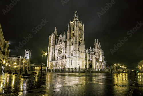 Night shot of the Cathedral of Leon in a foggy day, Castilla y L