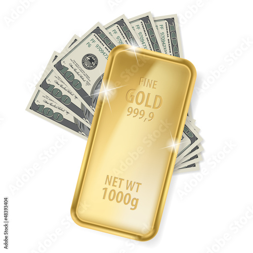 Gold bar and dollars