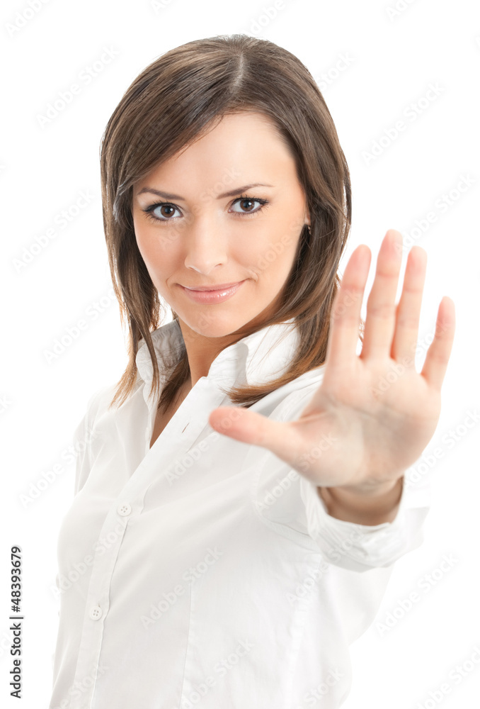 Happy successful gesturing businesswoman, isolated Happy successful gesturing businesswoman, isolated