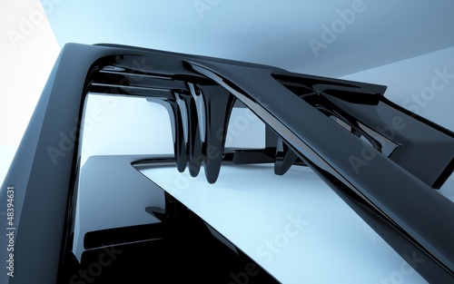 abstract interior with glossy black sculpture