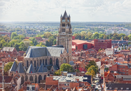 top view to Bruges and the cathedral St. Sauveur photo