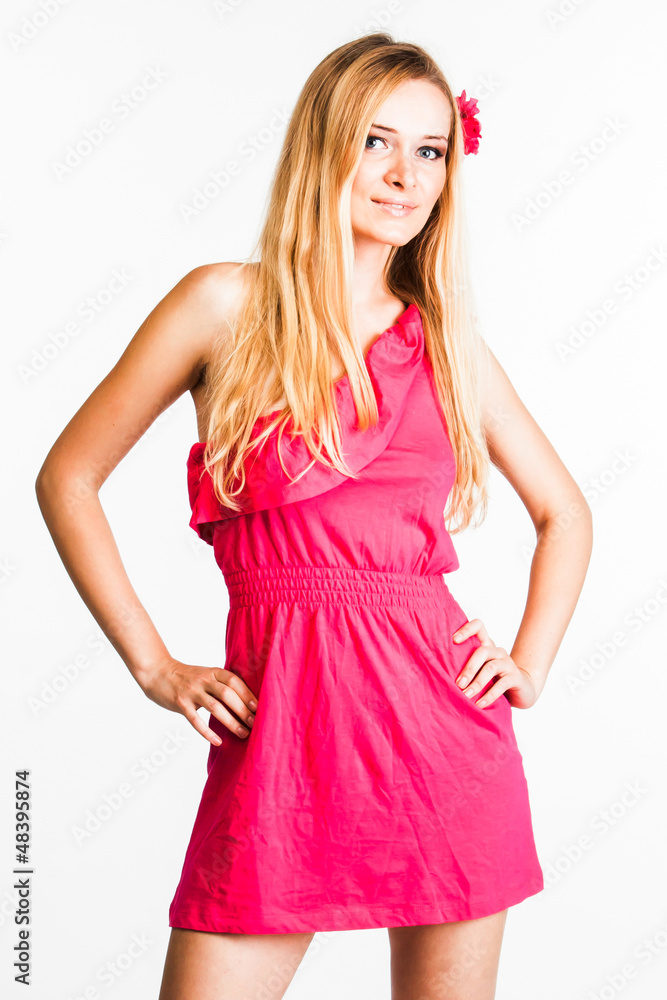 Young and beautiful woman in red dress