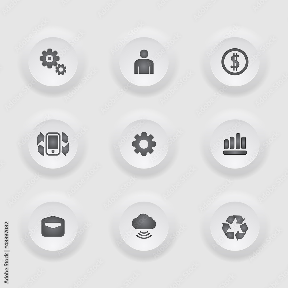 Finance and business vector icon set in button frame. Finance and business vector icon set in button frame.