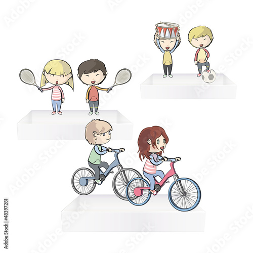 Kids playing their hobbies on shelves. Vector design. 