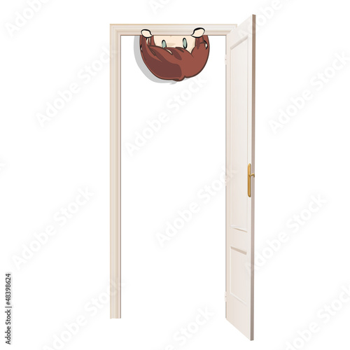 Girl looking behind the door. Vector design. 