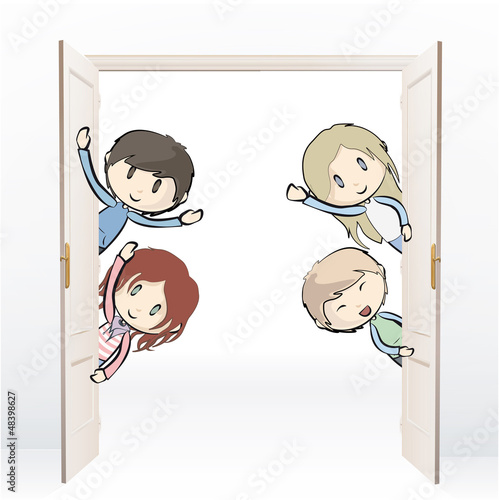 Group of kids behind de door. Vector design. 