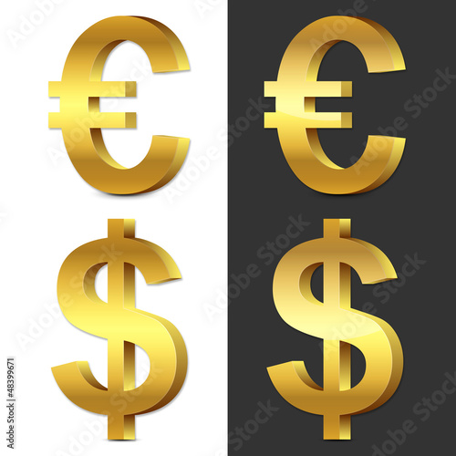 Set of 3d gold glossy Euro & U.S. Dollar icon, symbol