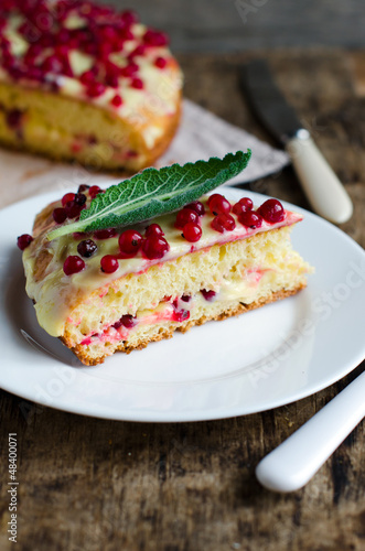 A piece of cake with cream and currant