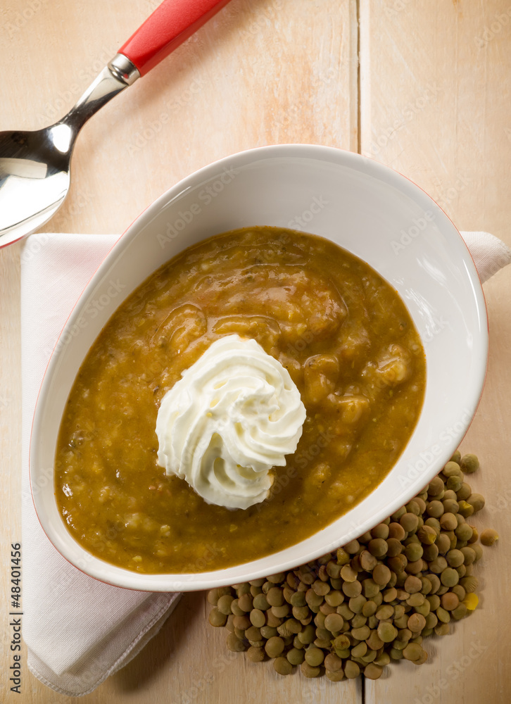 lentils cream soup with yogurt cream, vegetarian food lentils cream soup with yogurt cream, vegetarian food