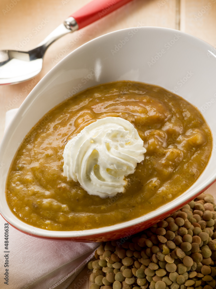 lentils cream soup with yogurt cream, vegetarian food lentils cream soup with yogurt cream, vegetarian food