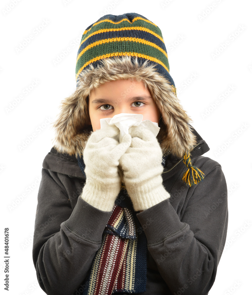 Little child having flu or allergy isolated over white Little child having flu or allergy isolated over white