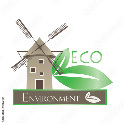 Illustration of windmill and eco leaves on white background