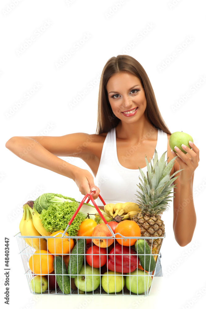 beautiful young woman with fruits and vegetables in shopping beautiful young woman with fruits and vegetables in shopping