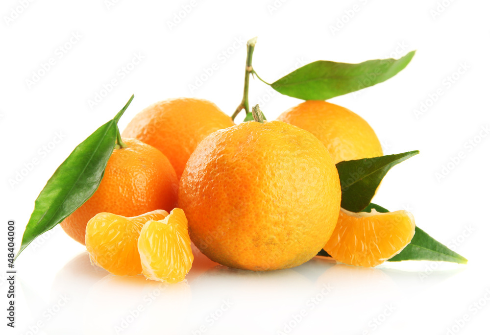 Ripe sweet tangerine with leaves, isolated on white Ripe sweet tangerine with leaves, isolated on white