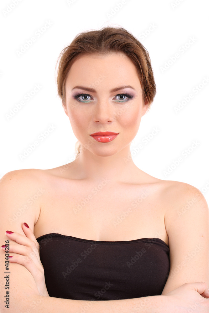 Beautiful young woman with bright make-up isolated on white Beautiful young woman with bright make-up isolated on white