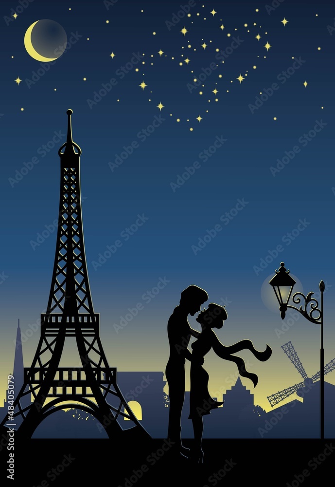 Silhouette of a couple in Paris.