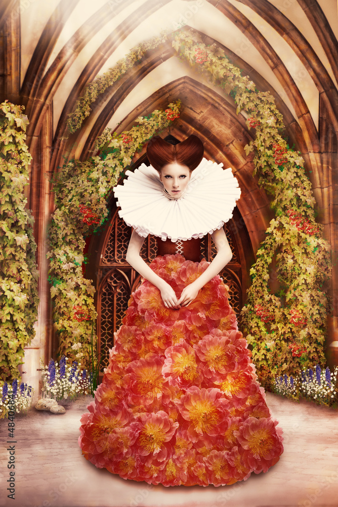Red Hair Duchess in red Dress and Jabot in Ancient Abbey