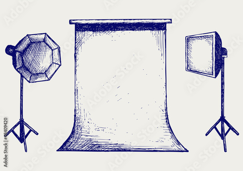 Photo studio with lighting equipment. Doodle style