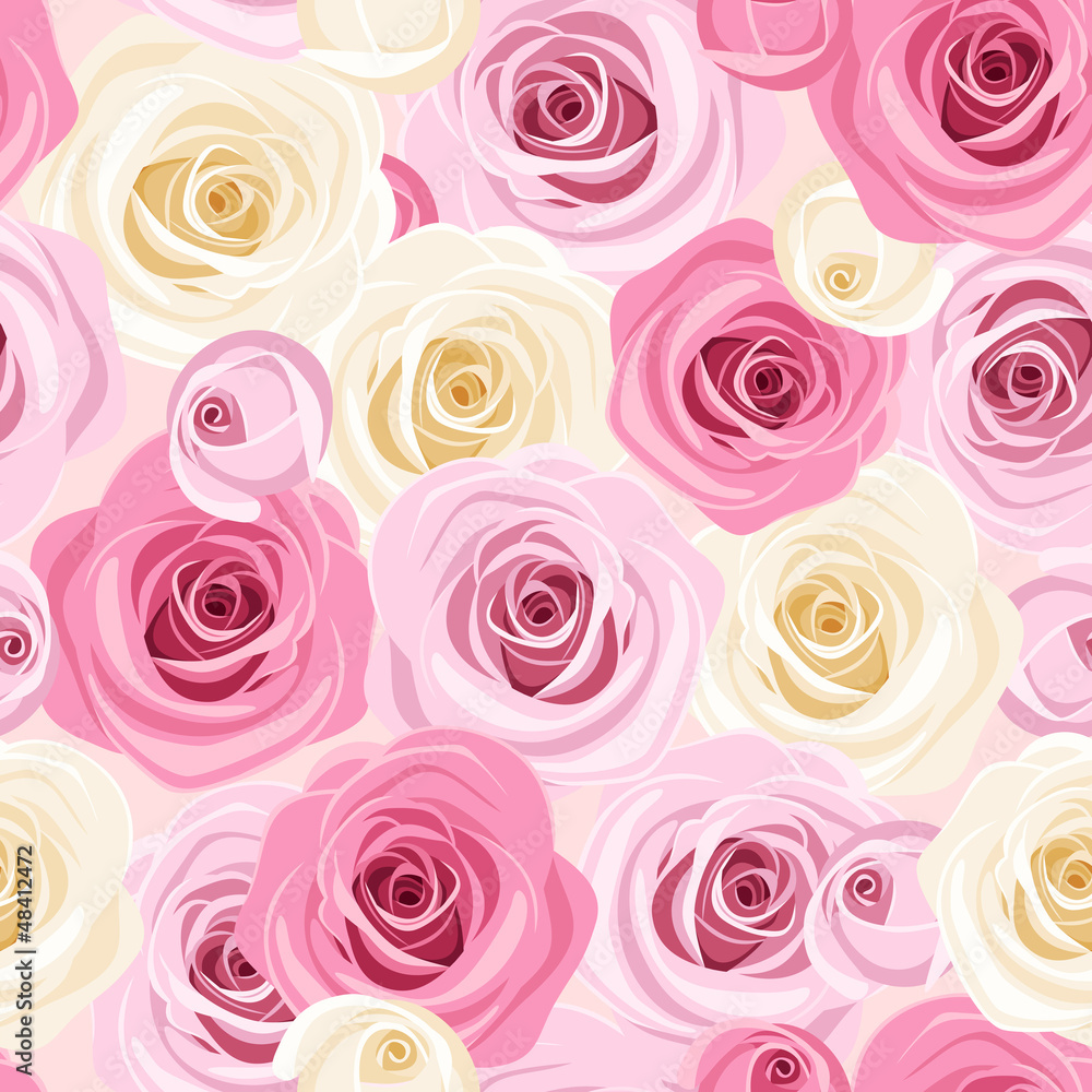 Vector seamless background with pink and white roses.