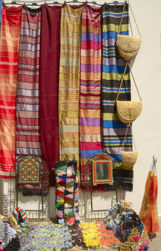 Colorful fabrics market asilah, Morocco