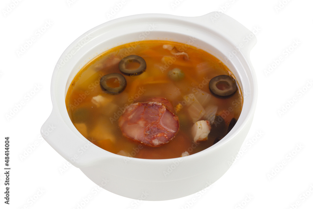 meat soup in the bowl on white background meat soup in the bowl on white background