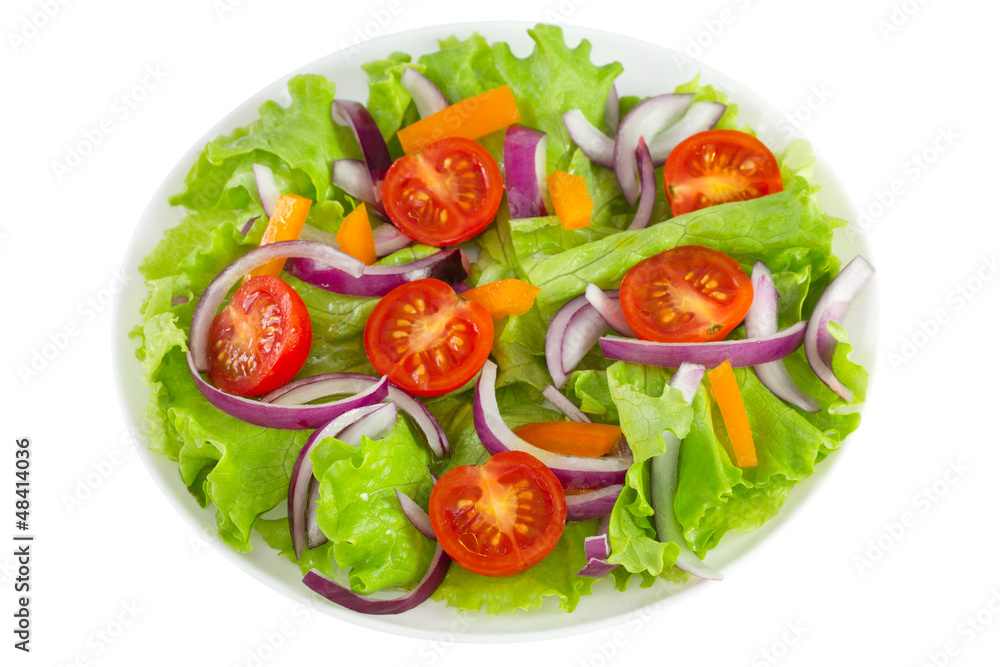 fresh salad on the white plate on white background
