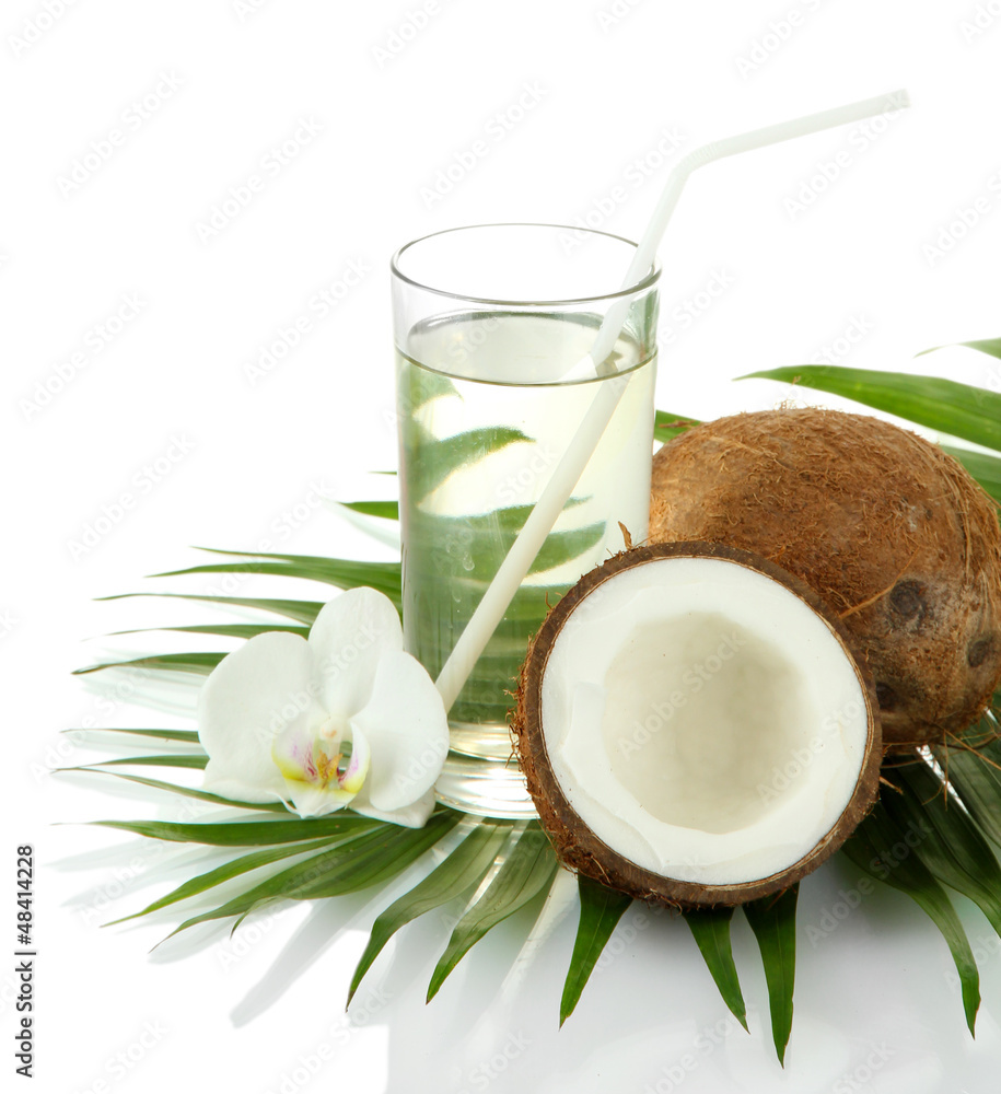 Coconuts with glass of milk, isolated on white Coconuts with glass of milk, isolated on white