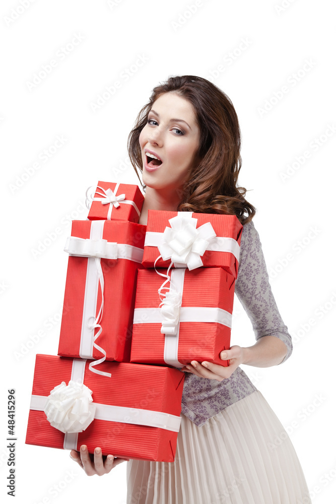 Happy woman hands many gift boxes, isolated on white Happy woman hands many gift boxes, isolated on white
