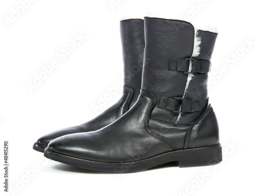black men leather shoes for winter season with fur