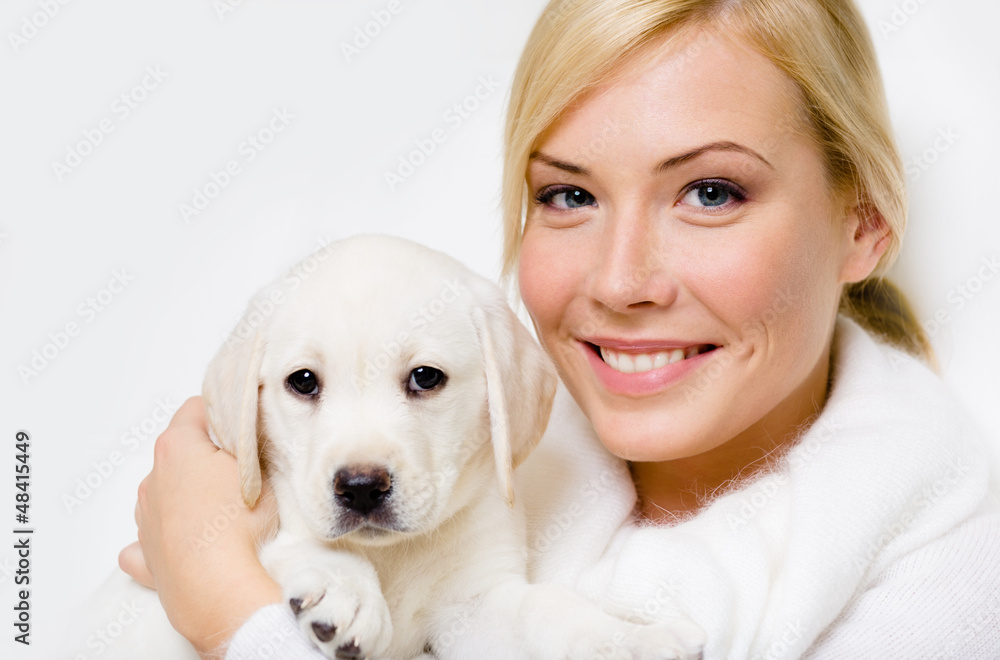 Labrador puppy sitting on the hands of woman Labrador puppy sitting on the hands of woman
