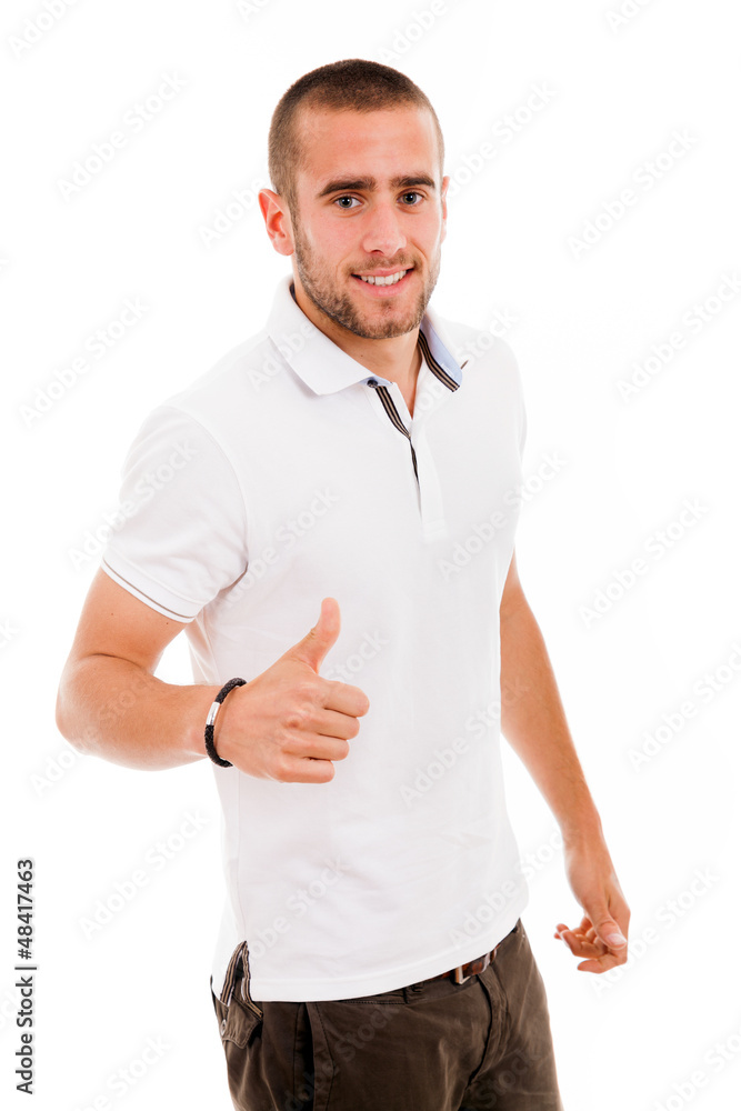young casual man thumb up in a white background young casual man thumb up in a white background