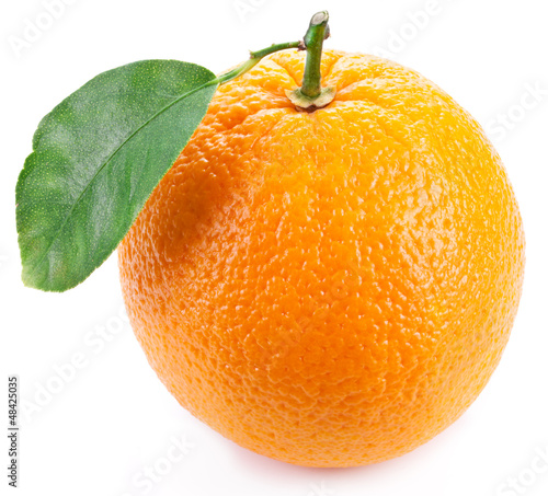 Orange with leaf on a white background.