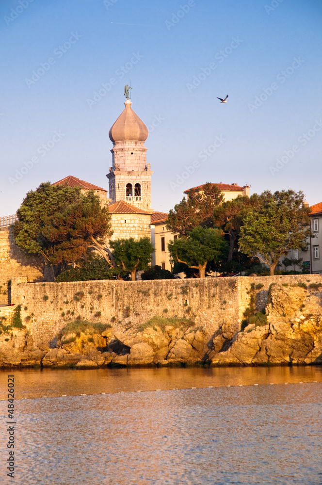 Fototapeta premium Belfry and old town walls by the sea at krk - Croatia
