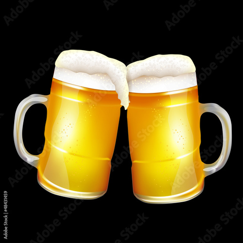 Two beer mugs in black background