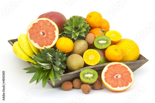 fresh fruit on a wooden tray