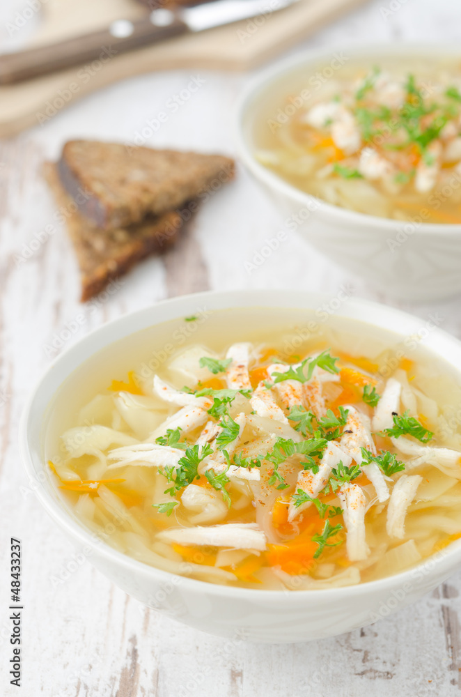two bowls of vegetable soup with chicken and parsley closeup two bowls of vegetable soup with chicken and parsley closeup