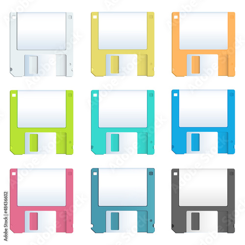 Colorful diskettes on white background. Vector design. 