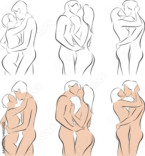 Stylized silhouettes of men and women hugging