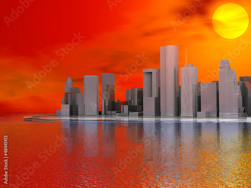 3D abstract modern city on beautiful seascape with sunset