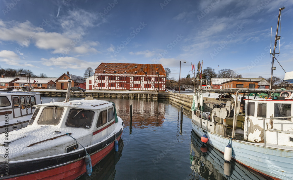 Lundeborg harbor in Denmark with half-timbered houses