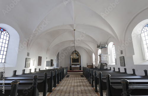 White medieval church in Svindinge, Denmark
