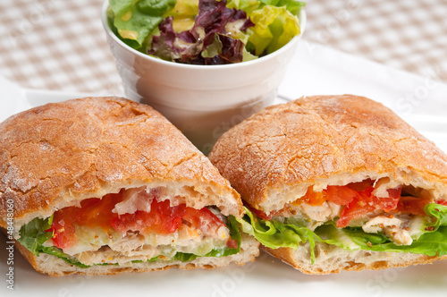 ciabatta panini sandwich with chicken and tomato