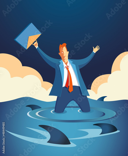 Worried Businessman in Rising Water Surrounded by Hungry Sharks