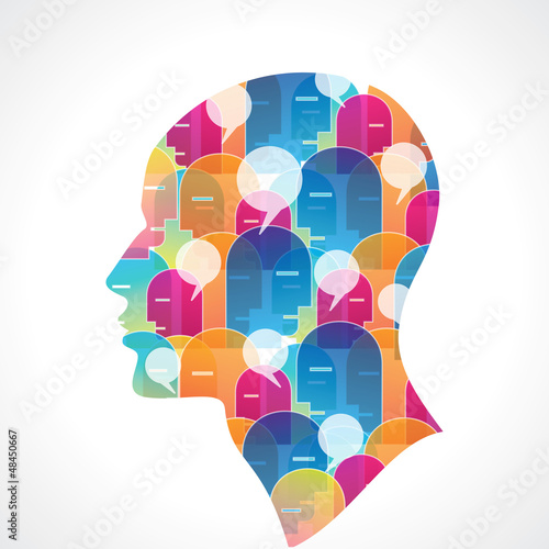 large group of people with talking bubble in human head