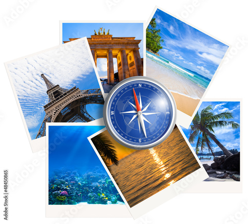 Canvas Print Traveling photos collage with compass on white background