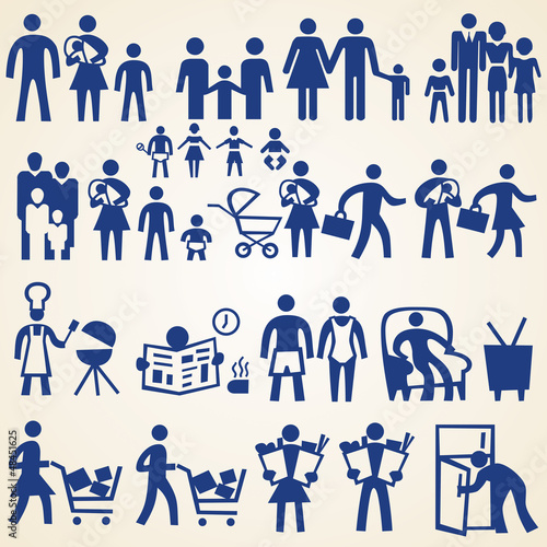 Family icons, people silhouettes set of various things