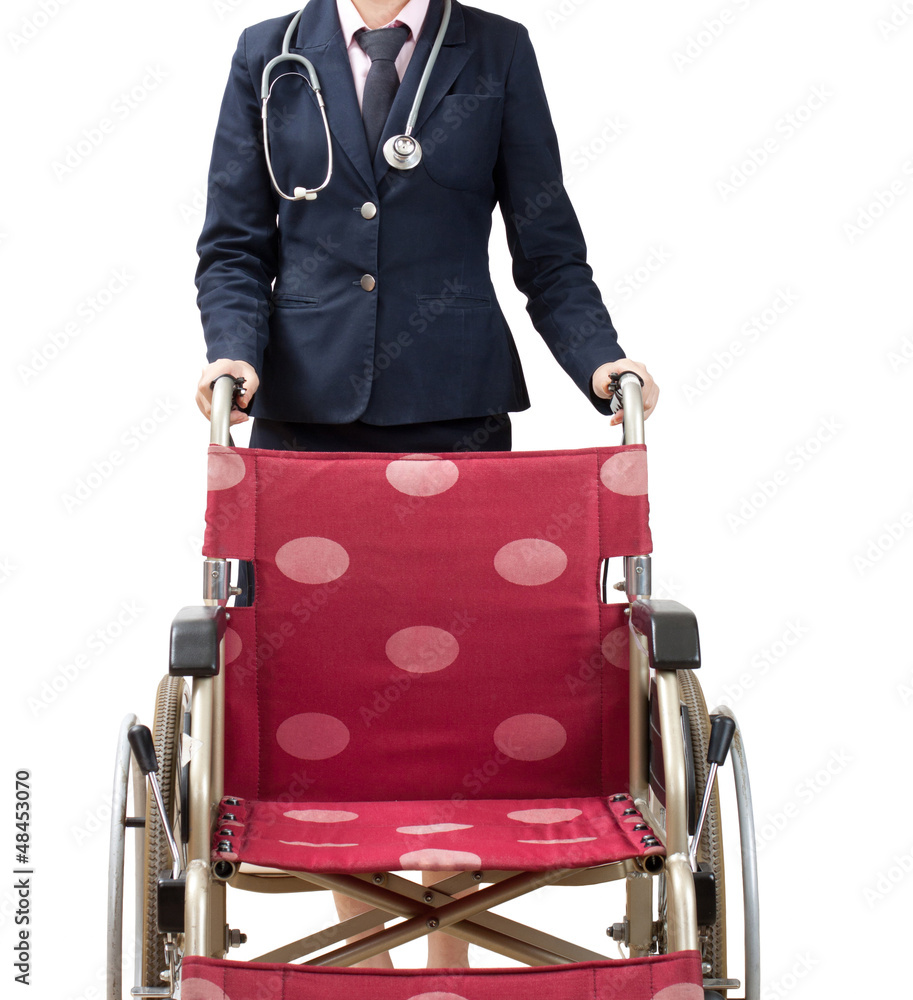 Doctor pushing an empty red wheelchair Doctor pushing an empty red wheelchair
