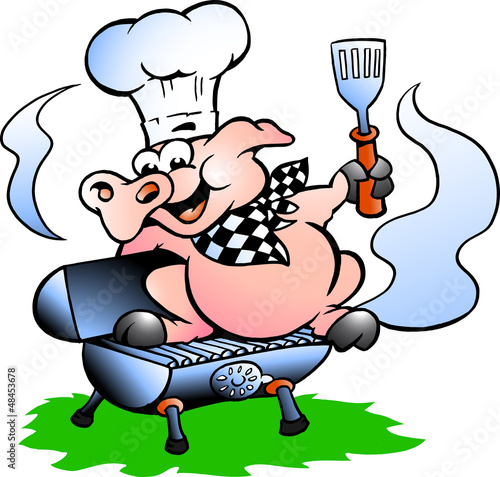 Vector illustration of an Chef Pig standing on a BBQ barrel