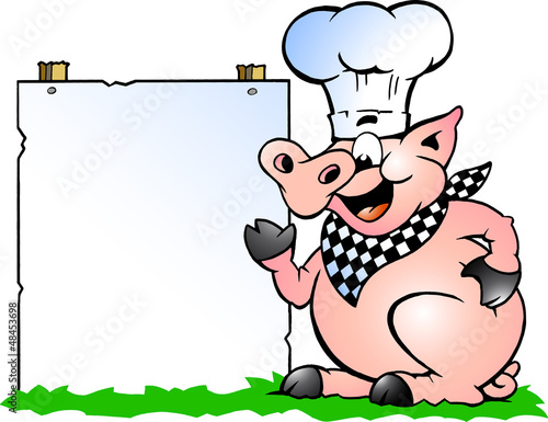 Illustration of an Chef Pig standing and pointing towards a sign © Poul Carlsen