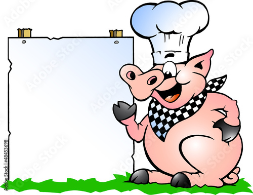 Illustration of an Chef Pig standing and pointing towards a sign